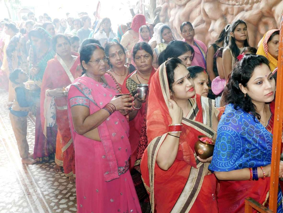 The queues of devotees in the court of Mata Rani to offer the eighth d