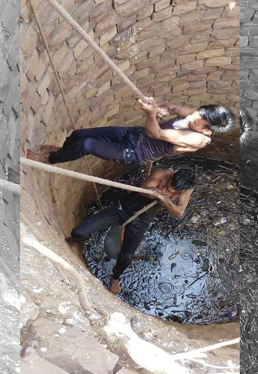 Young man going to the well to save the cow.